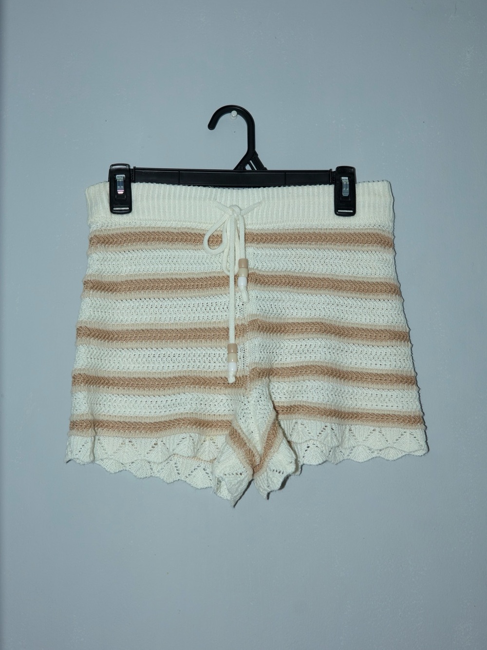 Source Unknown Cream and Tan Striped Knit High Waist Shorts